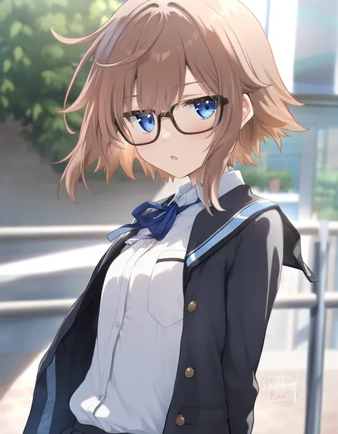 1girl, little female, school uniform, short hair, beautiful breasts, glasses, jitome, open mouth, outdoors,wind, game CG break,((artist:shida_kazuhiro)),(artist:mitsumi_misato),(artist:fujiyama),,(masterpiece), (best quality), (ultra-detailed), very aesthe...