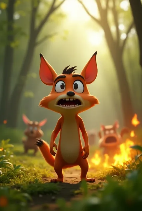 In cinematic 3d cartoon style "Show Moti spotting a fire starting in the forest. The scene should capture Moti’s shock and determination as he realizes the danger. Smoke rises as small flames spread among trees, with animals running away in the background....