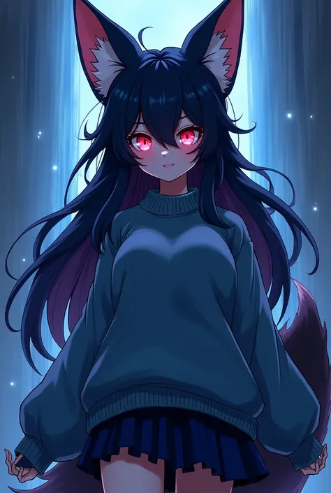 1girl, solo, female, , mobian, fox, 2D anime style, high quality digital art, wispy lines, neon dark and blue sketch art, a dark blue furred anthropomorphic fox, dark blue fur, glowing crimson eyes, very long wavy dark blue hair, long and large hair bangs,...