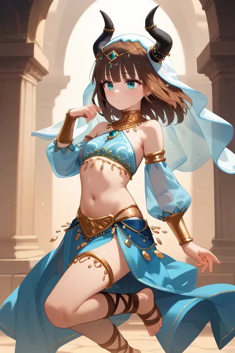 masterpiece,Ultra HD, 1girl, young,solo, small, petite, aqua eyes, brown hair,,blush,Dancer,horns,Veil,sexy, perfect body, hot,blue_skirt, blunt_bangs ,bracer circlet , fake_horns ,floating_hair, gold_trim, harem_outfit, horns,  long_sleeves, neck_ring ,pu...