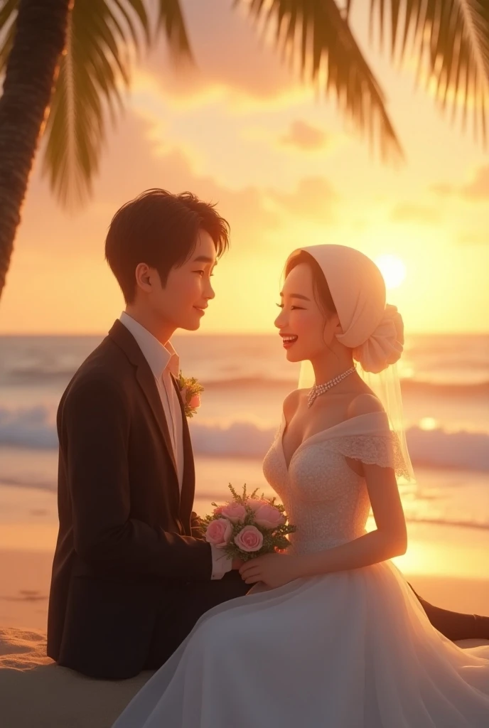 Full body Viewing Camera, best quality, masterpiece, please let copulate Sitting by the beach, sunset, coconut trees in the wind, 1 girl, big laugh, cute teenager, shiny lips, sweet, sun glare, Conservative clothing, wedding dress, white gloves, bouquet, d...