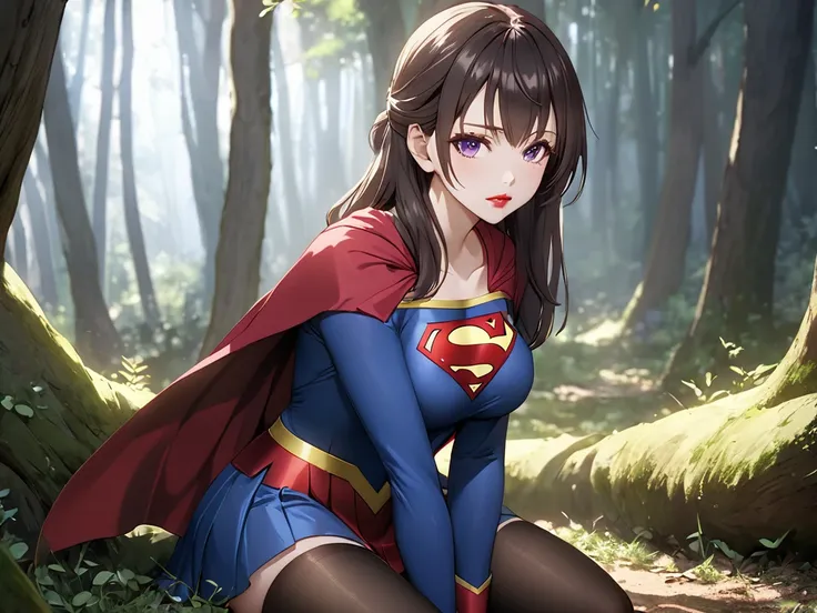 Detailed analysis, Detailed work, Best quality, 1440p clarity, Realistic lighting and shadows, Anime, background, In the middle of the forest, จากซีรีย์ Alya Sometimes Hides Her Feelings in Russian, Suou Yuki, long dark brown hair, Purple eyes, ตาแบบAnime,...