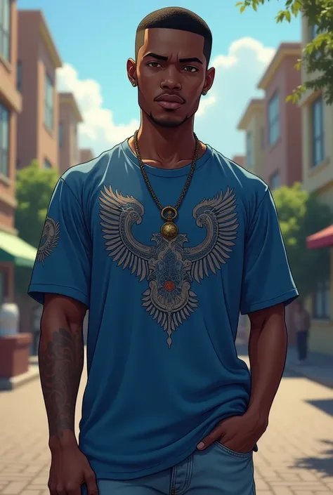 An handsome black skin man, he has black hair and black eyes, buzzcut hairstyle, he is wearing a blue t-shirt with designs, and a jeans pants, anime style, realistic wide shot 