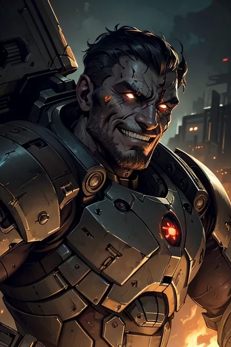 a smirking evil mercenary in battered sci-fi power armor, scar on face, detailed facial features, cinematic lighting, dramatic atmosphere, muted color palette, intricate mechanical details, gritty realism, masterpiece, ultra-detailed, high resolution