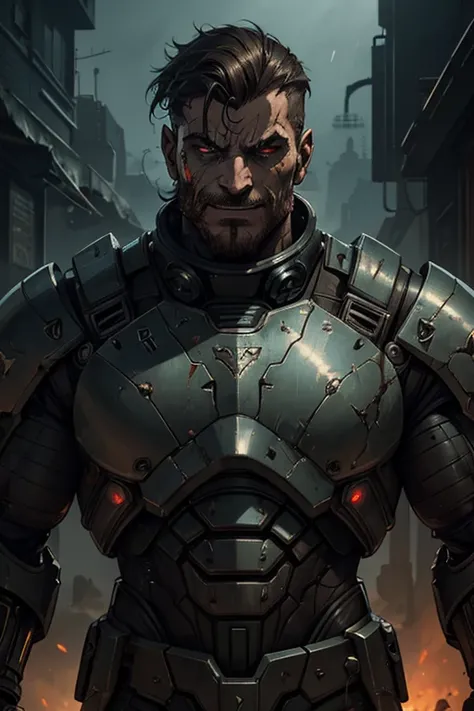 a smirking evil mercenary in battered sci-fi power armor, scar on face, detailed facial features, cinematic lighting, dramatic atmosphere, muted color palette, intricate mechanical details, gritty realism, masterpiece, ultra-detailed, high resolution