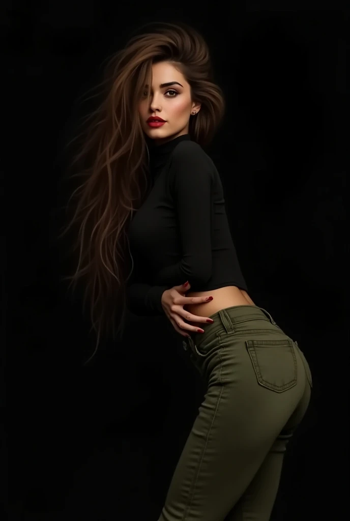 Illustration by Luis Royo. Black background. A beautiful Lebanese woman with long brown hair and red lips. She wears a cropped black turtleneck, and a pair of olive green skinny jeans. She bends over.