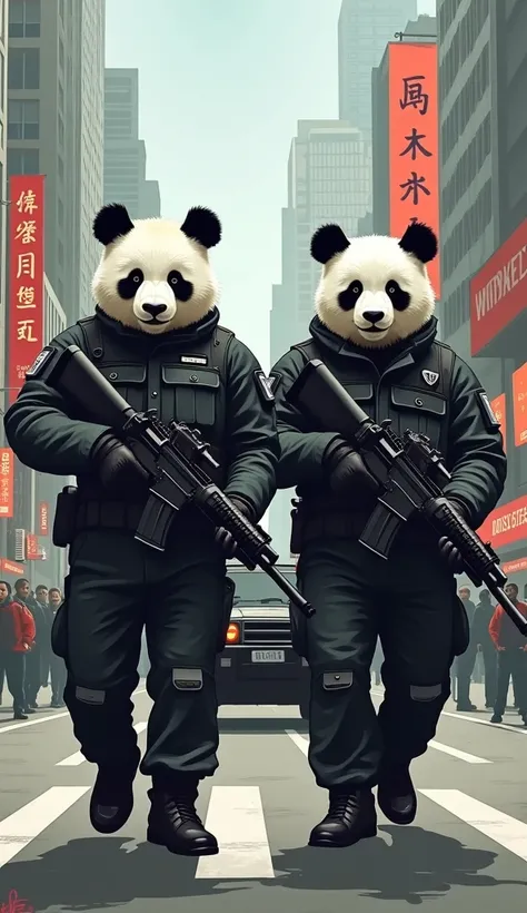 Describe a exact illustration of two humanoid panda bodyguards from China, standing upright and walking straight, on duty in a bustling city backdrop. The bodyguards should be depicted with robust and powerful physiology, showcasing two large and muscular ...