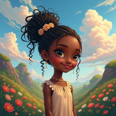 Cute pretty Black girl in a fantasy world, cute, fantasy, vibrant colors, beautiful skies, dreamy, illustration art, high resolution 