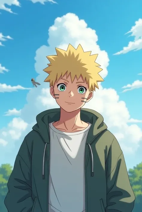 chibinaruto, 1 boy, Blonde hair,  Male Focus , Alone, sky,  green-eyed, cloud, is, mustache marks, bird, blue sky,  Significantly overweight male  , jacket, outdoor,  upper body , cloudy sky