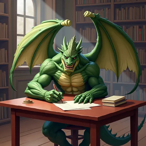 The green muscular winged dragon furry jock sits on a red stool at a library table, writing with a pen on a piece of paper