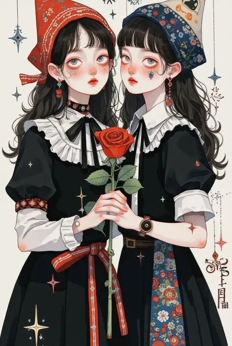 A painting：Twins ，Holding a rose in his hand，  bangs,  upper body, Gothic Art 