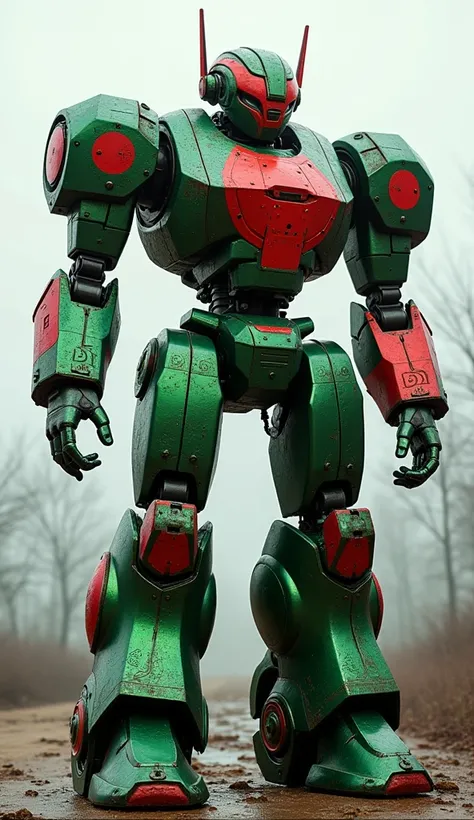 Bangladeshi Robot: A towering robot in green and red metallic tones inspired by Bangladesh’s flag, with elements that resemble traditional patterns and a bright metallic finish that gleams in the light.