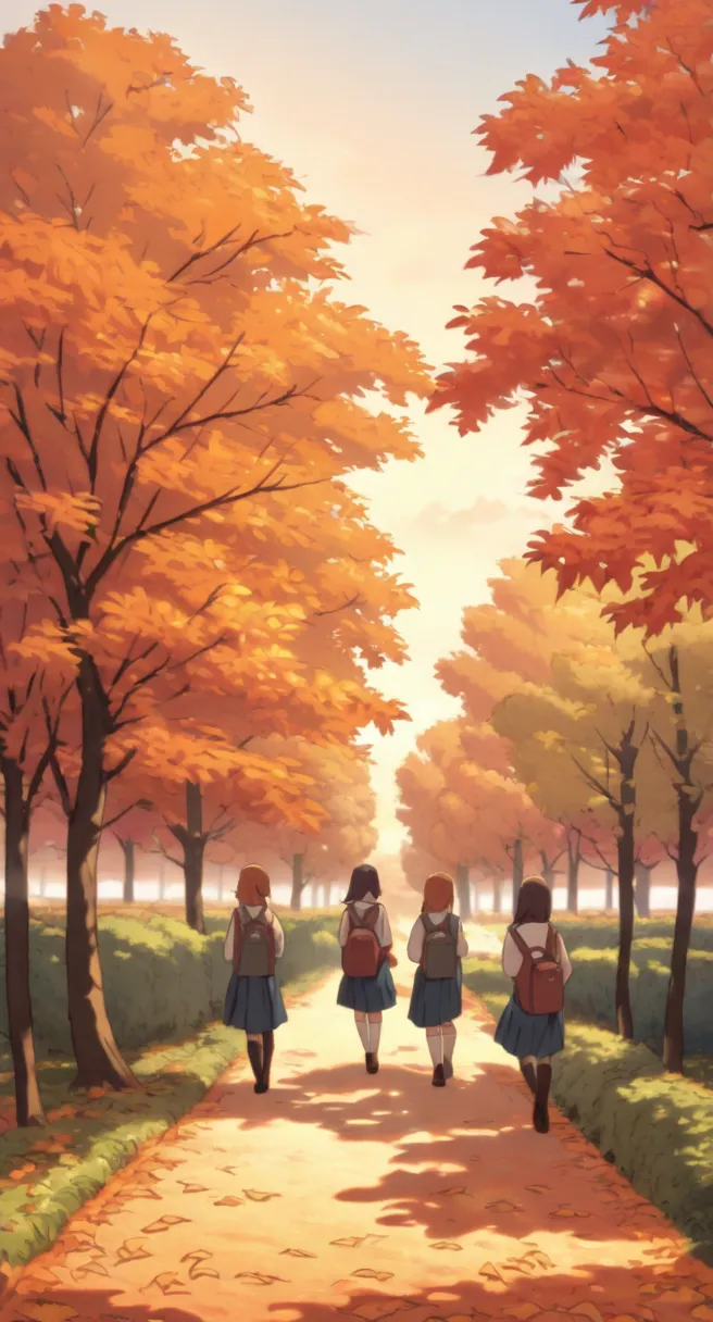 autumn scenery and female middle school students on their way home from school