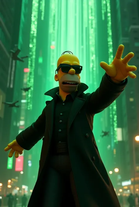 3D image, Homer Simpson in a stylish black trench coat and sunglasses, heroically standing in a futuristic urban landscape reminiscent of The Matrix. The background features towering skyscrapers with cascading digital rain (green code). Homer Simpson is po...