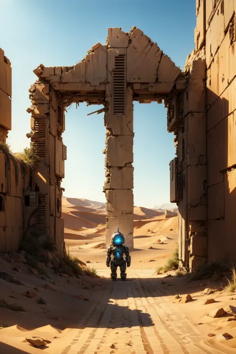 1robot,android,machine, little,
(no human),in desert,
((desolation world)),ruin, devastation, desolate land,