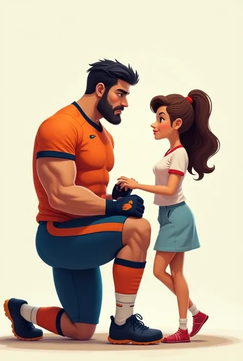 Make an image of a tall and strong American soccer man, manly,  wearing an orange and blue American football uniform with black lines and orange and black , with black and blue gloves ,  with short black hair and brushed backwards , handsome, masculino y m...