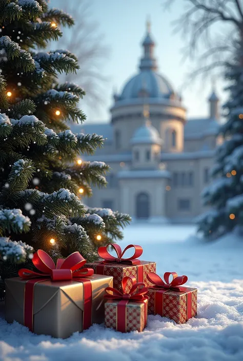 Detailed photorealistic image in the foreground of gifts under the Christmas tree along with a memory of a large snow dome with suspended snow with the Monastery of San Lorenzo de El Escorial inside it.
