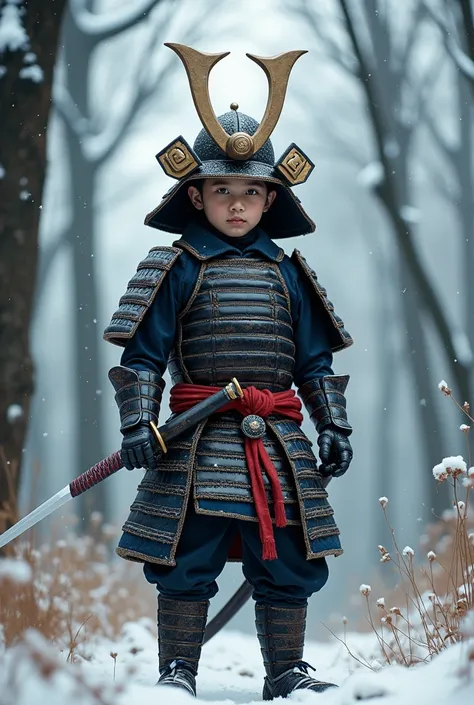 A boy in a samurai costume, wearing a helmet with horns like hell, with a katana in a scabbard. In the winter forest