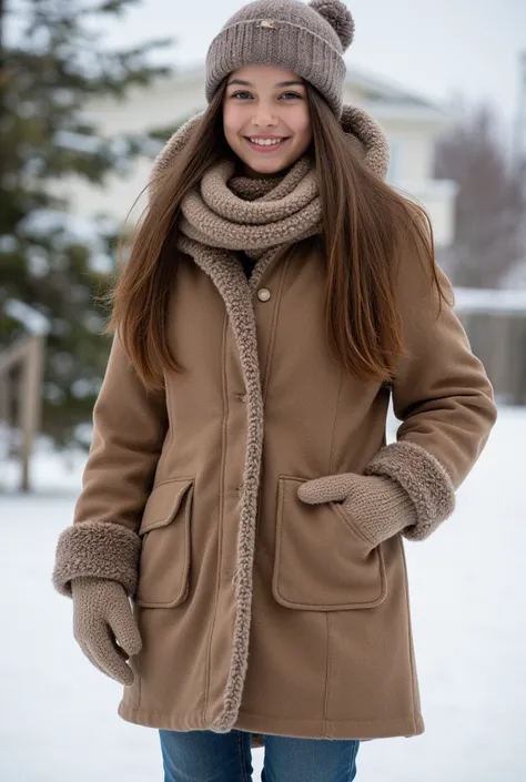 Winter attire: A girl with long, straight hair wearing a thick coat, scarf, gloves, jeans, and boots. She has a cozy expression, her hands in her coat pockets.

