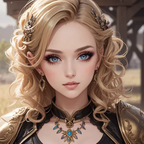 (masterpiece:1.2), (best quality:1.2), perfect eyes, perfect face, perfect lighting, topless girl, mature female in a field, medium blond hair, curly hair, detailed clothes, detailed outdoor background, makeup, eyeshadow, thick eyelashes, fantasy, looking ...