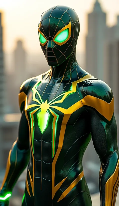 "Imagine a futuristic ‘Spider-Man of Brunei,’ where his suit blends advanced technology with the nation’s rich heritage, nature, and modern ambition. His suit is a sleek mix of gold, deep green, and black, inspired by Brunei’s royal colors and its lush rai...