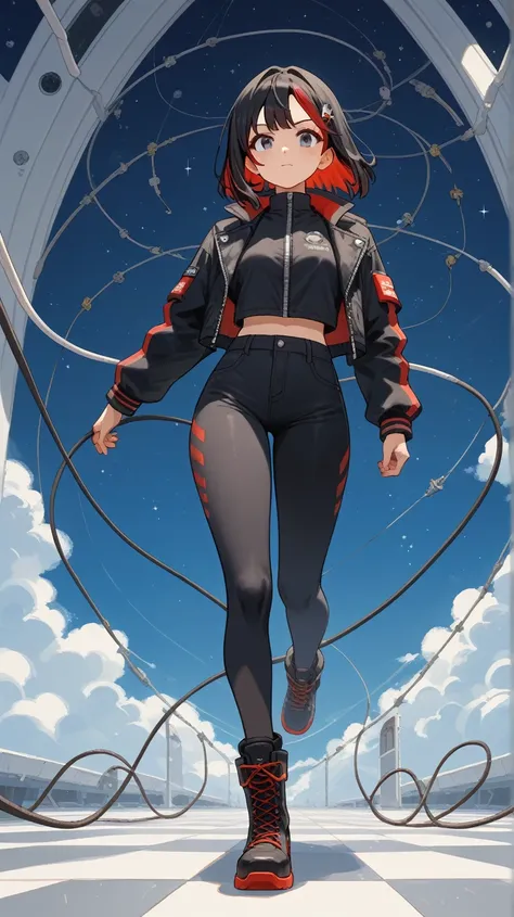 A cute anime girl  standing confidently She has long black hair with vibrant red highlights, eyes, Her outfit includes a sleek leather jacket and combat boots, with wires and tubes subtly running along her body, enhancing her fierce and mechanical look. ul...