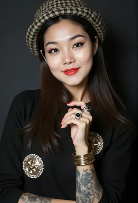 amira is styled in a chic, timeless ensemble, wearing a checkered tweed hat likely made from wool, adding a vintage touch. Her sweater, probably knitted from black wool or cashmere, red nail polish, features a luxurious texture with metallic and jewel-like...