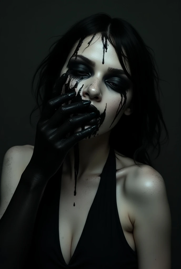 black haired white girl, black liquid dripping out from eyes and mounth. black lips, dryied black paint cover her face, with statisfied eyes and face, erotic scene, sex with a black liquid monster