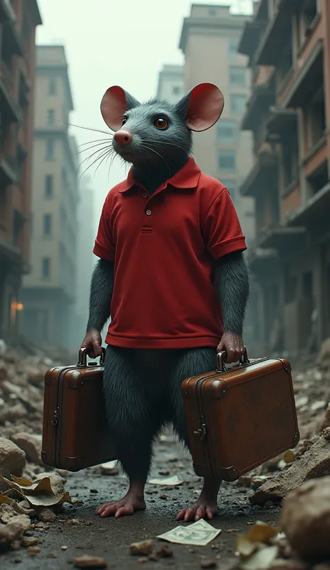 Giant rat wears a red polo shirt ,  carries suitcases full of money , In the background a collapsed building in Mexico City 