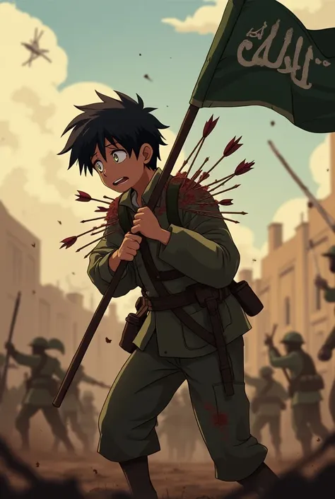 Animation of a teenage army of mujahid struggling to carry an Islamic flag but there are so many arrows in his shoulder that he sits down dying