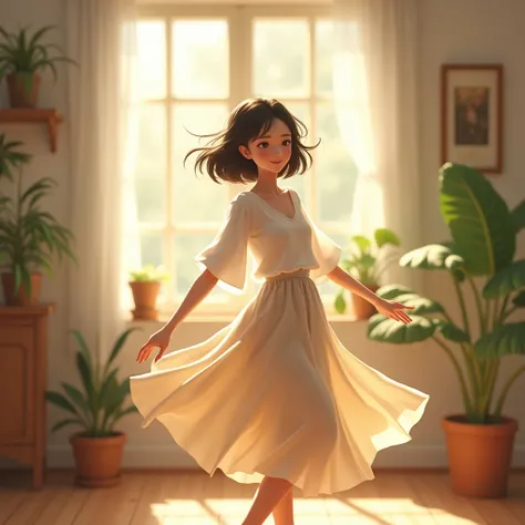 A serene young woman with short, dark hair dancing gracefully in a softly lit room, bathed in warm sunlight filtering through a large window. She wears a loose, white top and flowing, light-colored skirt, with her arms gently outstretched and a peaceful, j...