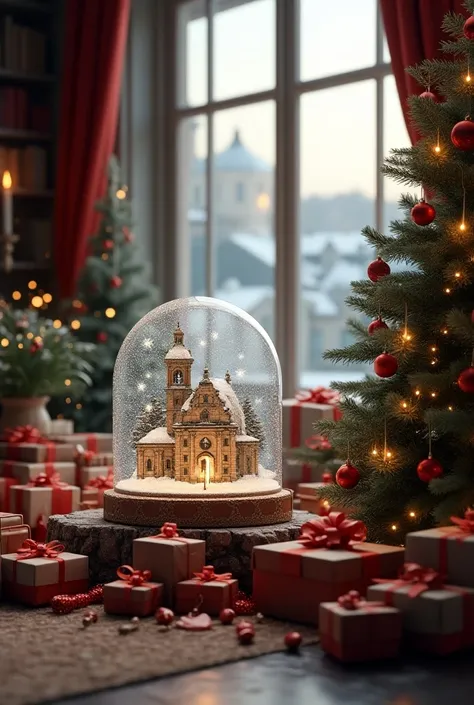  Photorealistic image of a detailed plan of gifts under the Christmas tree together with a memory of a snow dome with suspended snow with El Escorial inside it. in a corner of a room with a window that overlooks the monastery 

