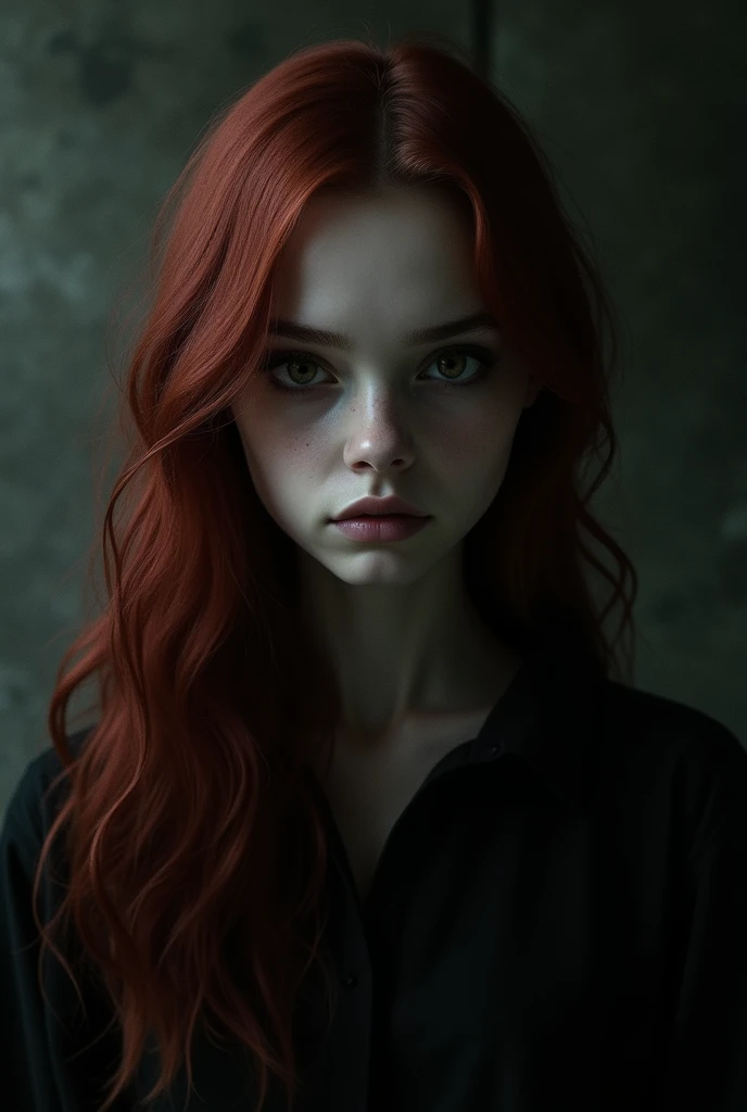 
fifteen year old girl with long dark red hair and evil eyes