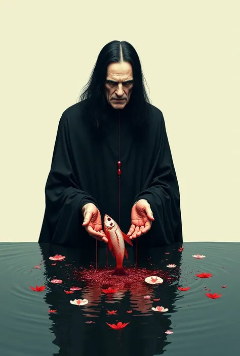  Severus Snape holding a bloody little fish in his hands, water ,  from below and blood falls into it ,  forming flower petals .  All this is in minimal art style 