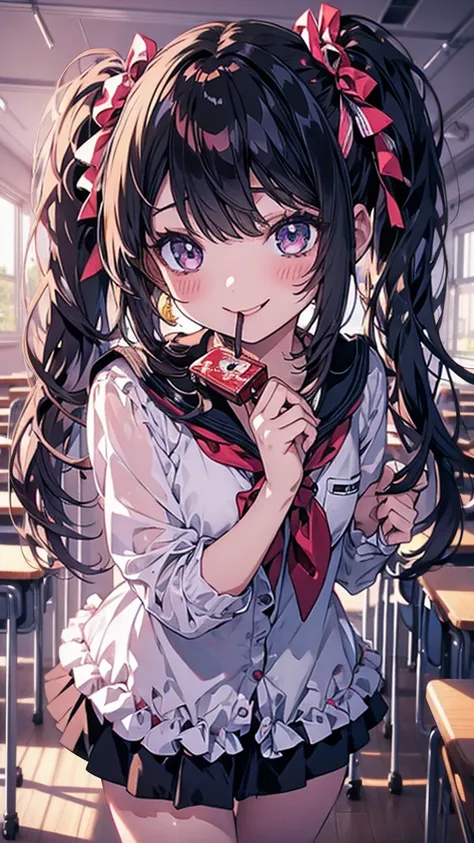 (masterpiece)、(Best Quality)、 highly detailed face holding 1  , straight hair, The dark-haired student ,Small breasts,Evening Classroom,8k, young girl, smile, twin tails, shy ,lure, eats Pocky