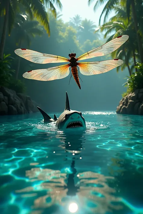 In a surreal tropical lagoon, a powerful shark swims near the surface as a massive dragonfly hovers above, each observing the other. The water’s shimmering surface reflects their unusual encounter."