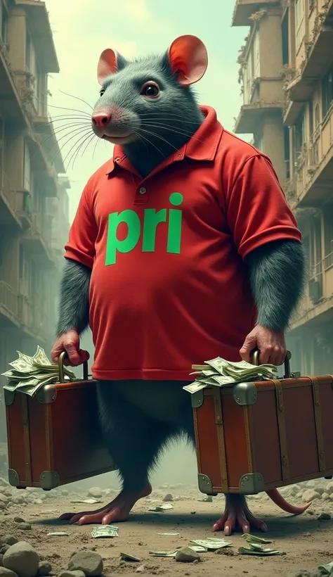  giant rat wears a red polo shirt with the legend "PRI "  in green letters ,  carries suitcases full of money , In the background a collapsed building 