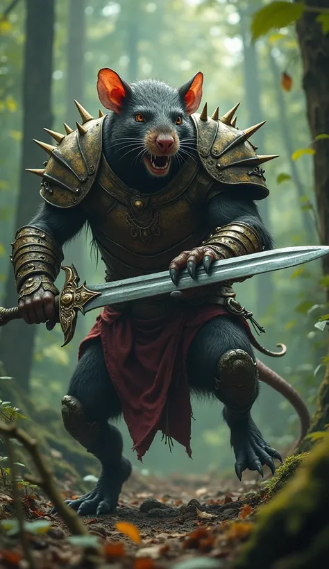 A rat and a warrior fusion generate a hybrid dangerous animal in the forest with sword.