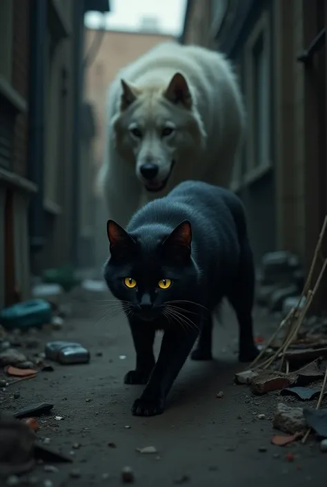 A black cat wants revenge after being hit by a white dog