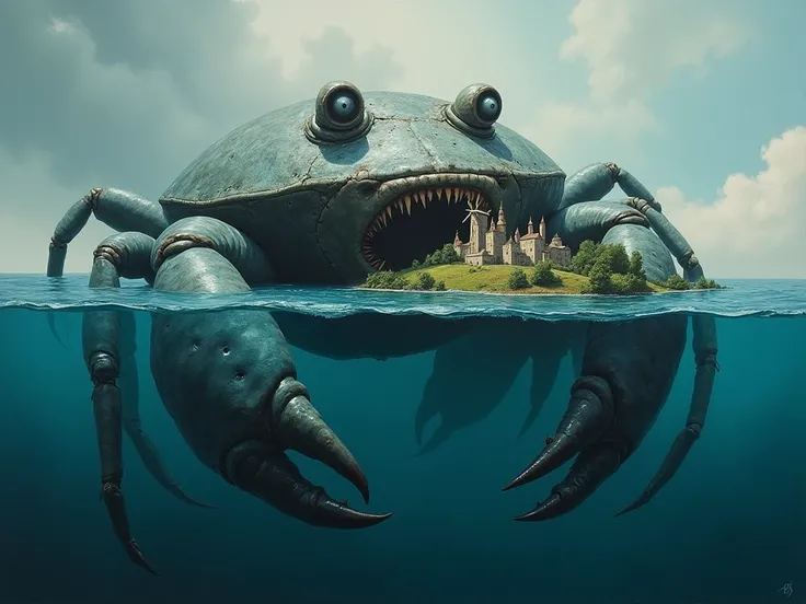 (Artistic, Art, expressive oil painting, dark, gloomy shades, highly detailed drawing, fantasy style, dynamic perspective) (A huge gray-blue crab-like creature with 4 eyes, mandibles, claws on the surface of the water, (in the water, 8 : 9 ) , the underwat...