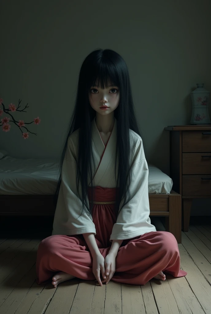 Sadako, realistic, sitted in bedroom