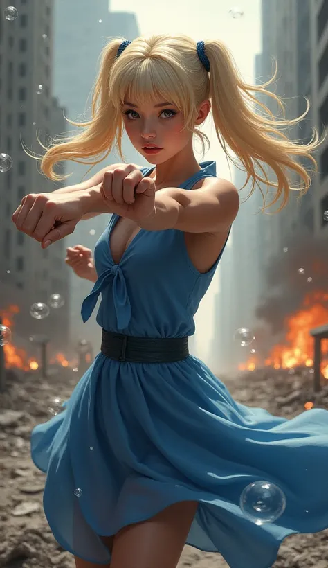 masterpiece, best quality, Bubbles, blue dress, blonde pigtails, pretty face, insanely detailed eyes, intense look, fighting pose, destroyed city, distant fires, rising smoke, 