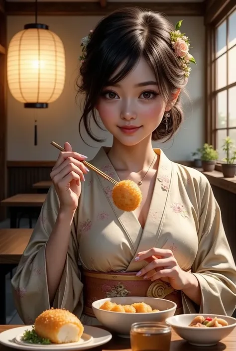 A woman enjoying tempura cuisine at a tempura shop 、A woman enjoying tempura cuisine at a restaurant、Sea God、Eggplant tempura、