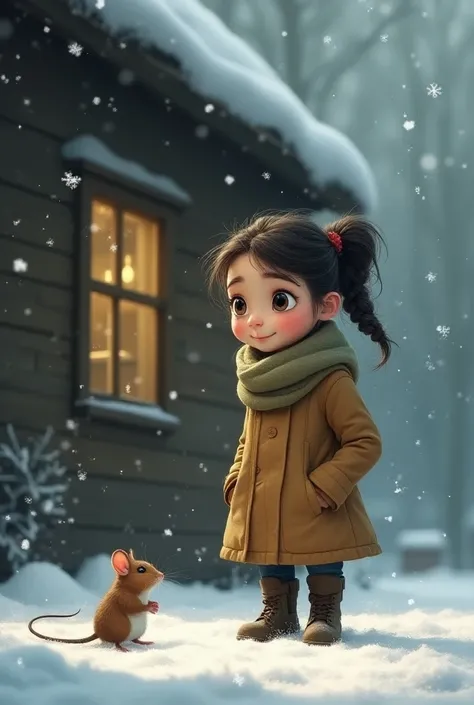 Margo standing outside her home, noticing a small mouse shivering in the cold. The mouse looks cold and scared, with a gentle snowfall around, emphasizing a chilly atmosphere.