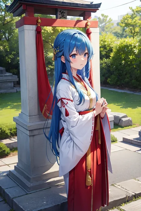 A shrine maiden praying for peace in front of a stone monument , blue hair ,, costume with gold embroidery based on white