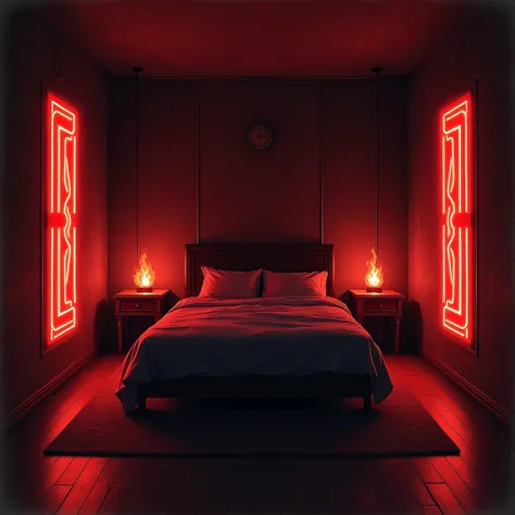  Realistic drawing-style image of a room at night, with a bed in the center,  predominates with neon lights and flames on the sides . The color red and black 