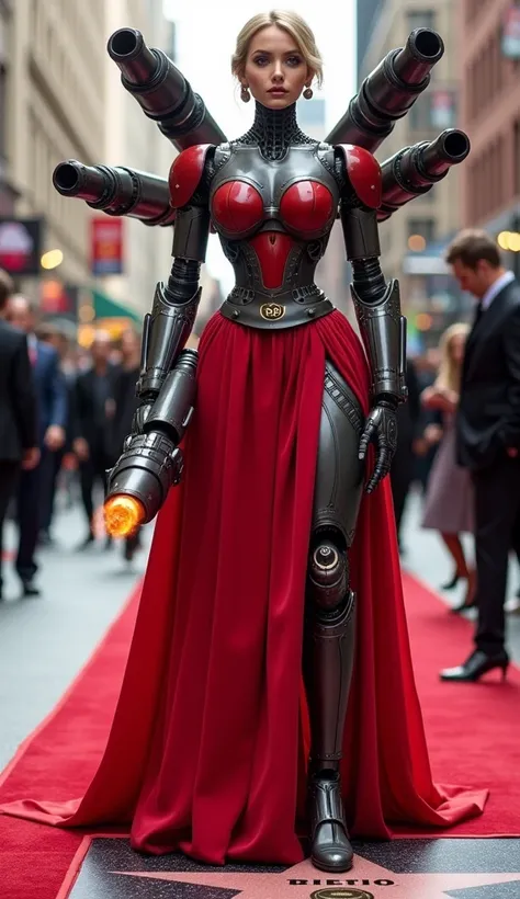 A photo of a humanoid female robot with a beautiful face and numerous bazooka-style weapons instead of hands. The robot is wearing a red carpet gown and standing on the Hollywood Walk of Fame. The robots hand with the equipment is directed forward and shoo...