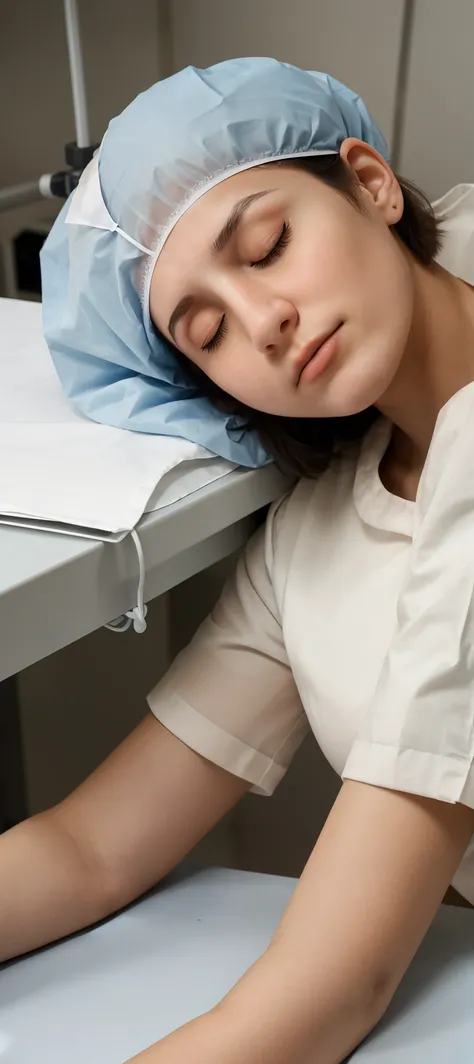 italian teenager girl,  beautiful face, laying on operation table, prepared for general anesthesia, beautiful face,  wearing patient gown and and surgical cap, short  hair fully covered by surgical cap, eyes closed, sleeping