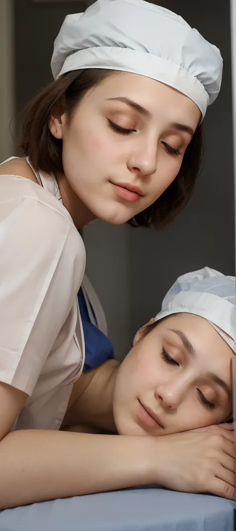 italian teenager girl,  beautiful face, laying on operation table, prepared for general anesthesia, beautiful face,  wearing patient gown and and surgical cap, short  hair fully covered by surgical cap, eyes closed, sleeping