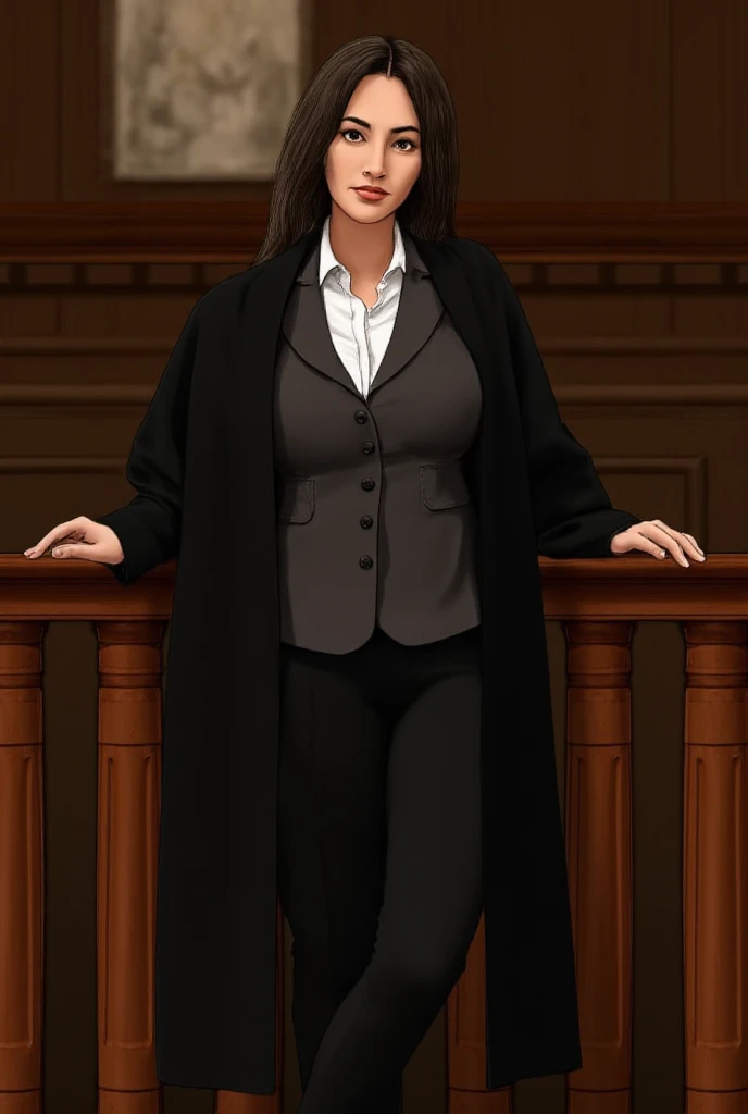 A 30-year-old woman, a determined barrister, stands confidently in the courtroom, her black robe draped elegantly over a tailored pantsuit. Her face, smooth and natural without makeup, reflects a sense of calm focus as she leans against the worn wooden rai...